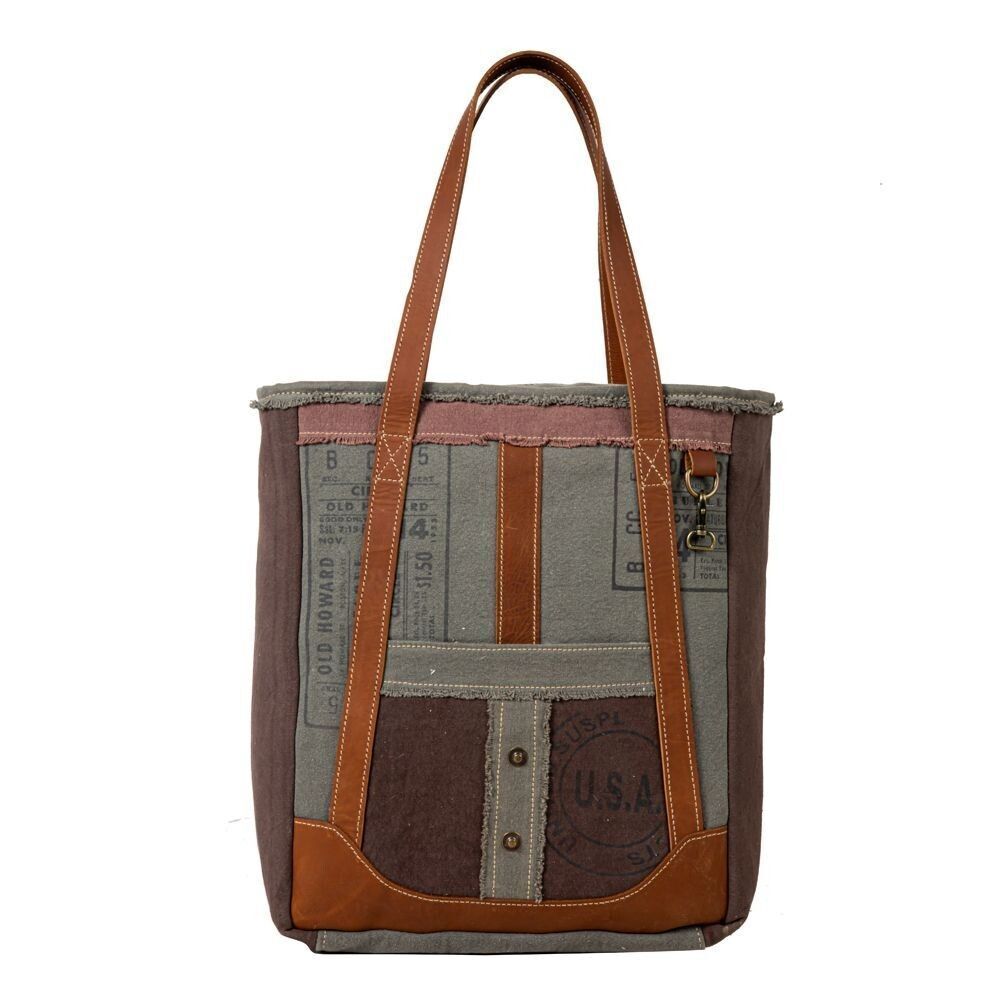 Myra Bag Handmade Hamilton Tote Bag Upcycled Canvas & Cowhide Leather - Picture 8 of 9